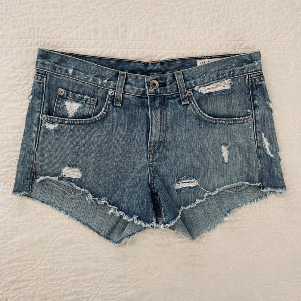 Rag & Bone Avenida Studded Jean Denim Boyfriend Shorts Sz 25 Distressed